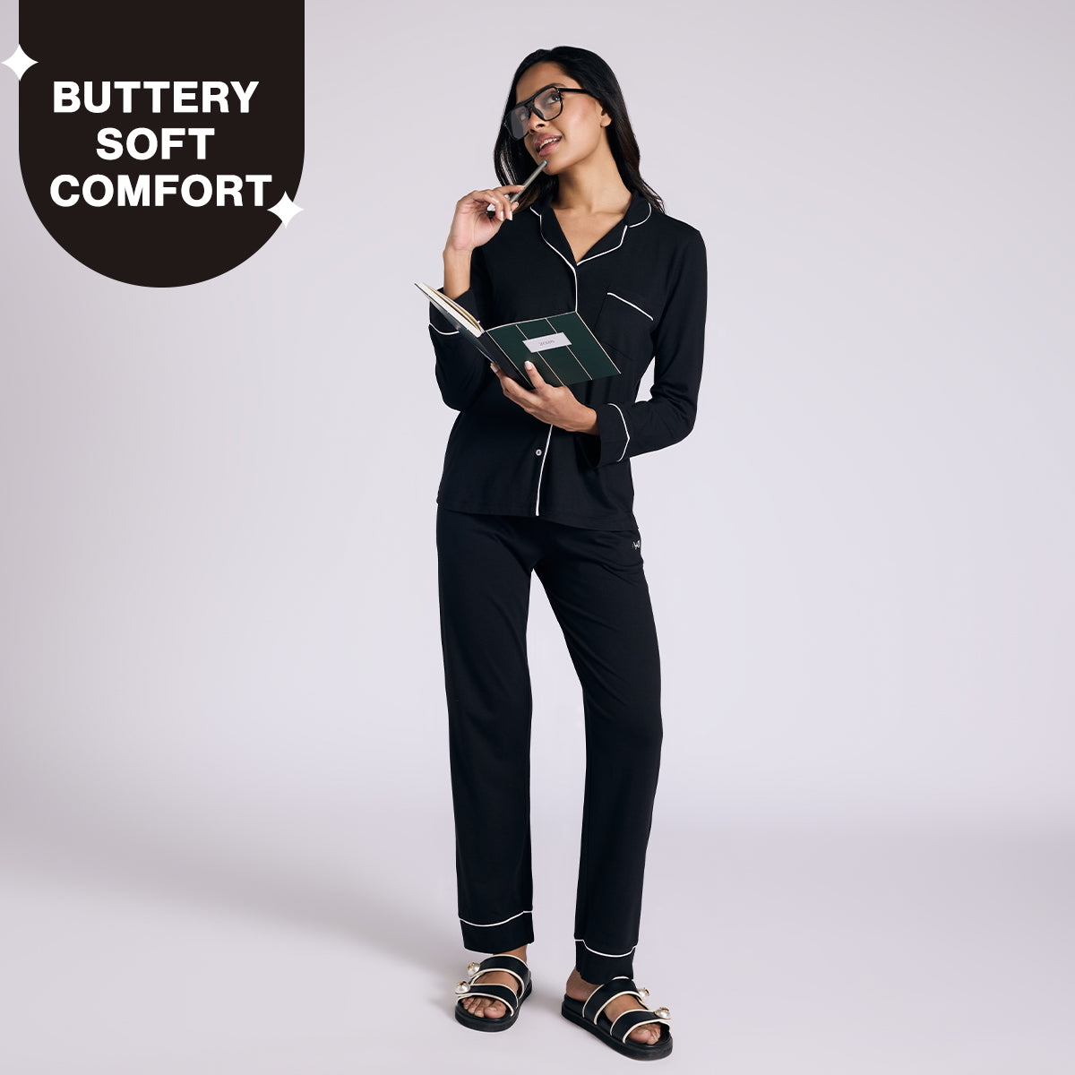 Nykd By Nykaa Buttery Soft Cotton Modal Button-Down Pyjama Set Of 2 Nys926 Black