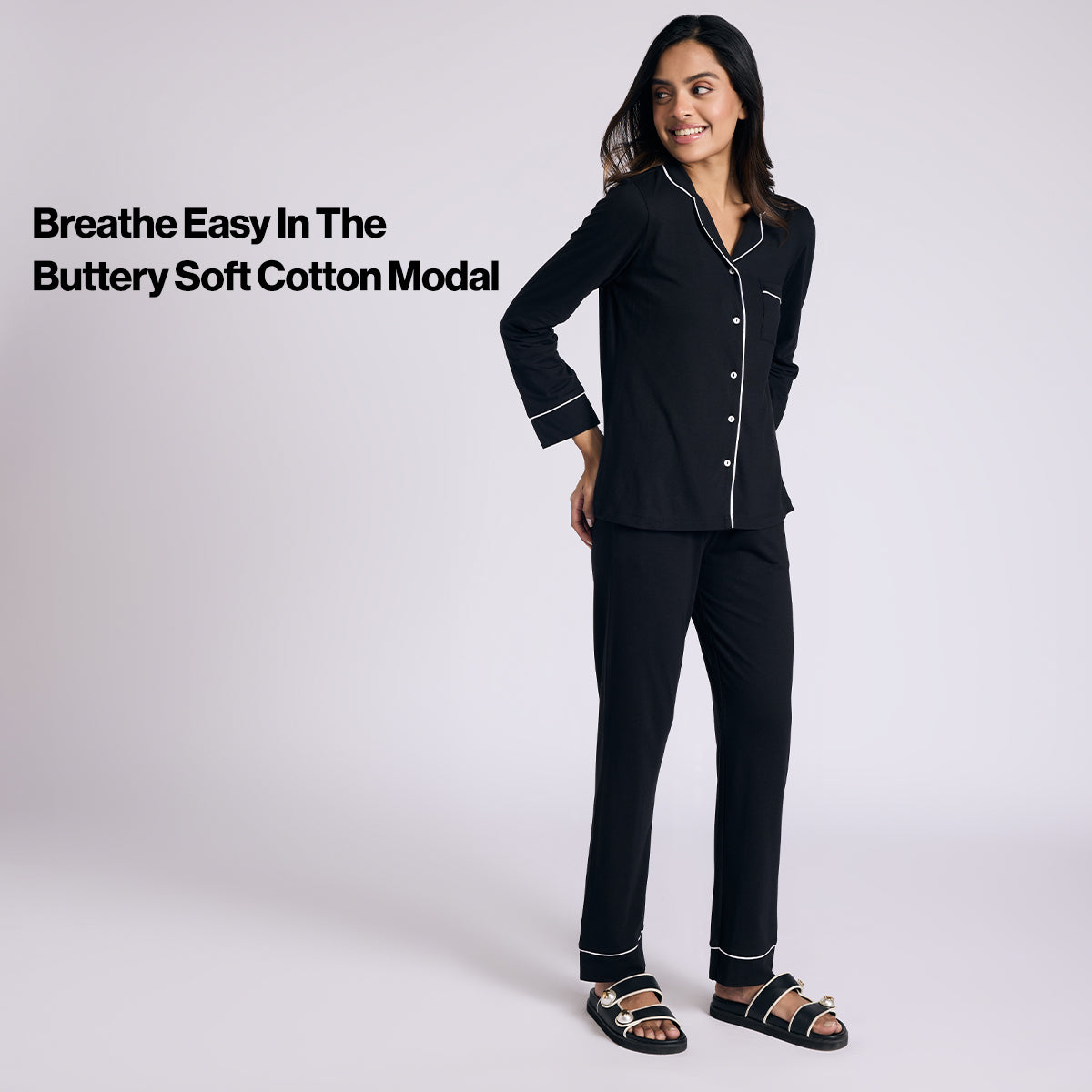 Nykd By Nykaa Buttery Soft Cotton Modal Button-Down Pyjama Set Of 2 Nys926 Black