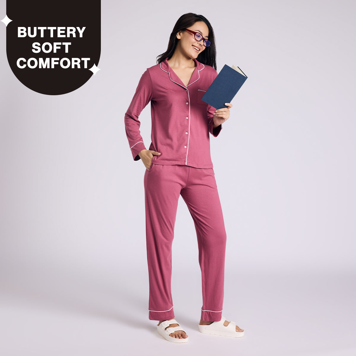 Nykd By Nykaa Buttery Soft Cotton Modal Button-Down Pyjama Set Of 2 Nys926 Dusty Pink