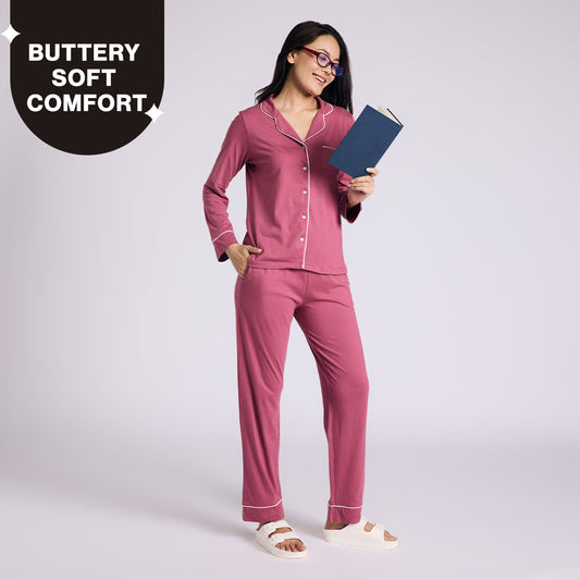 Nykd By Nykaa Buttery Soft Cotton Modal Button-Down Pyjama Set Of 2 Nys926 Dusty Pink