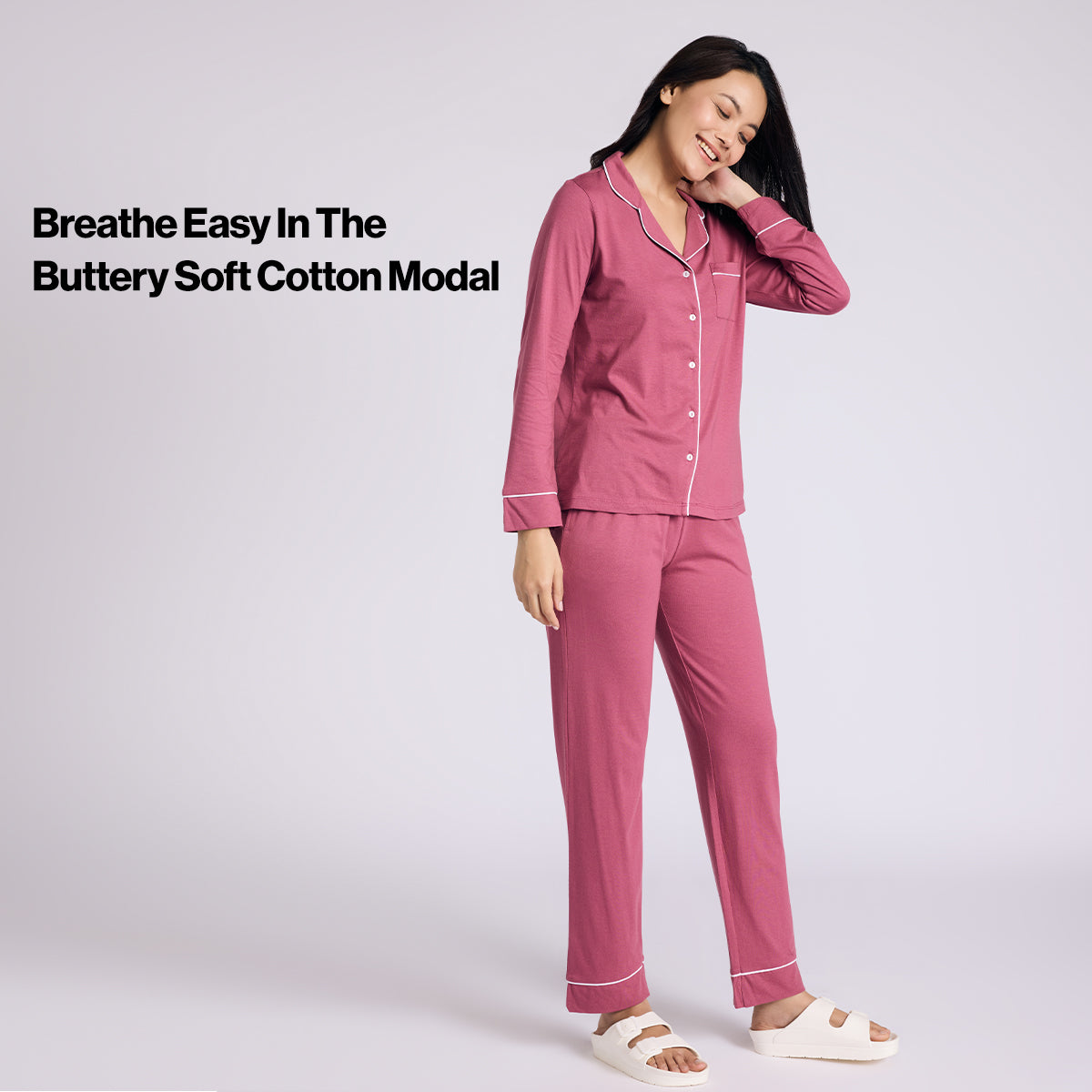 Nykd By Nykaa Buttery Soft Cotton Modal Button-Down Pyjama Set Of 2 Nys926 Dusty Pink