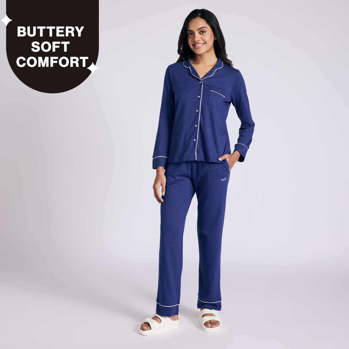 Nykd By Nykaa Buttery Soft Cotton Modal Button-Down Pyjama Set Of 2 Nys926 Navy