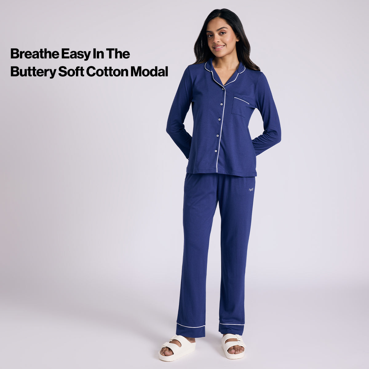 Nykd By Nykaa Buttery Soft Cotton Modal Button-Down Pyjama Set Of 2 Nys926 Navy