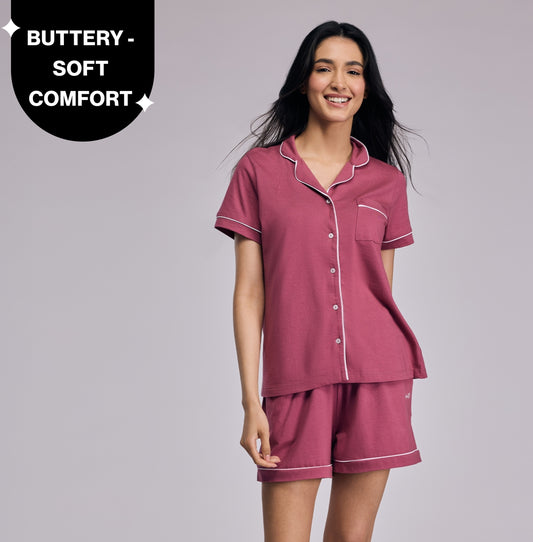 Nykd By Nykaa Buttery Soft Cotton Modal Button-Down Shorts Set Of 2 Nys927 Dusty Pink