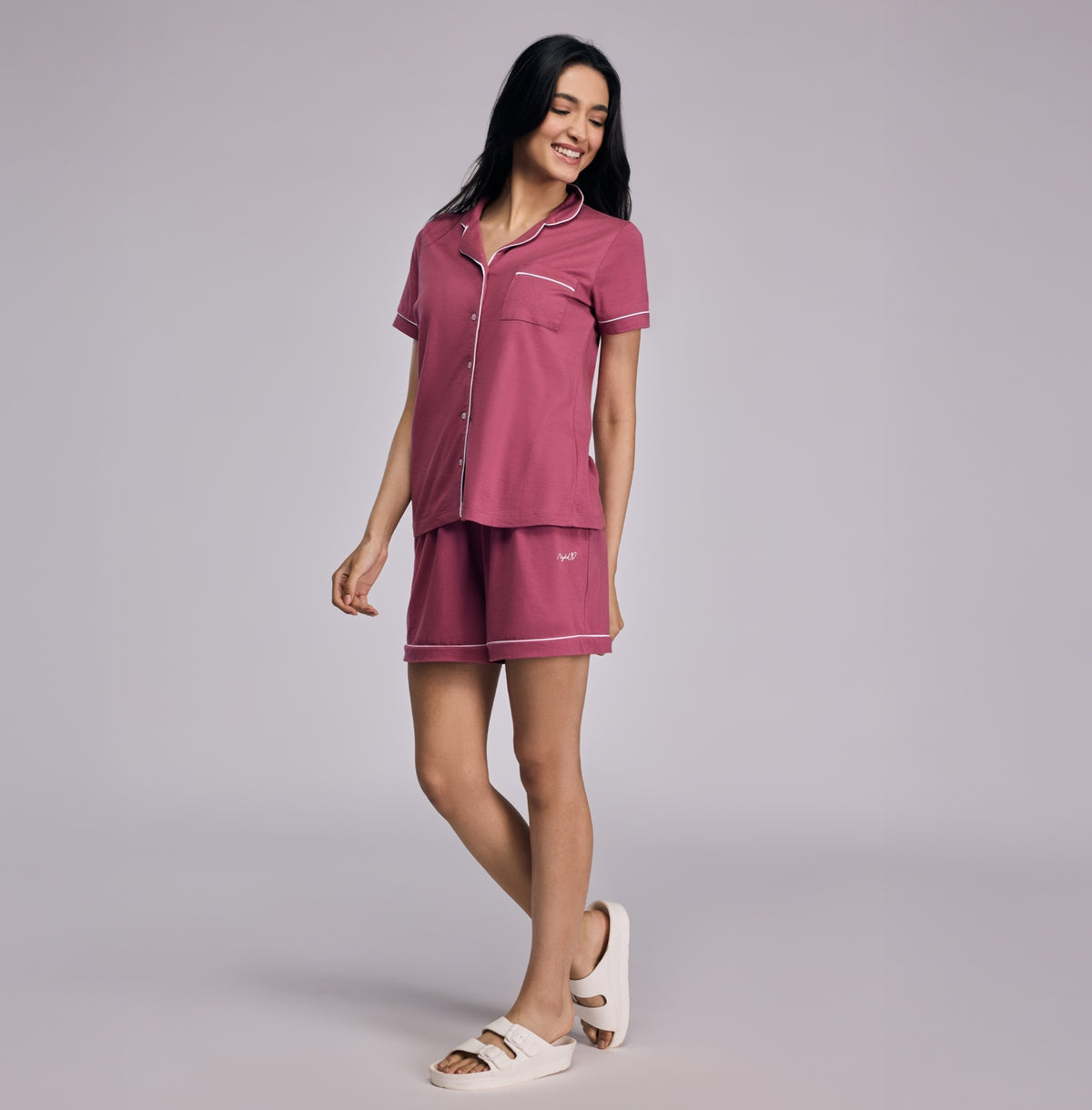 Nykd By Nykaa Buttery Soft Cotton Modal Button-Down Shorts Set Of 2 Nys927 Dusty Pink