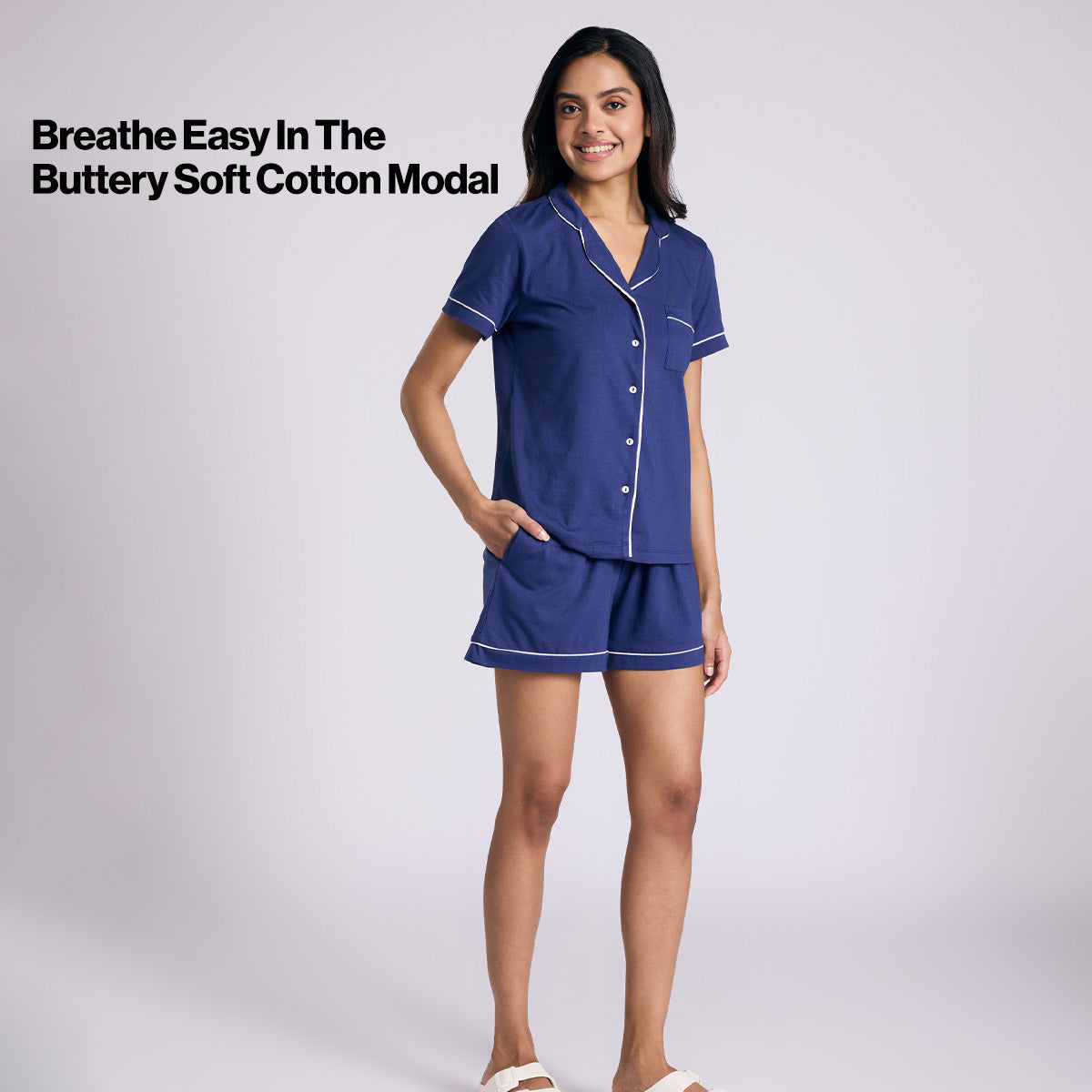 Nykd By Nykaa Buttery Soft Cotton Modal Button-Down Shorts Set Of 2 Nys927 Navy