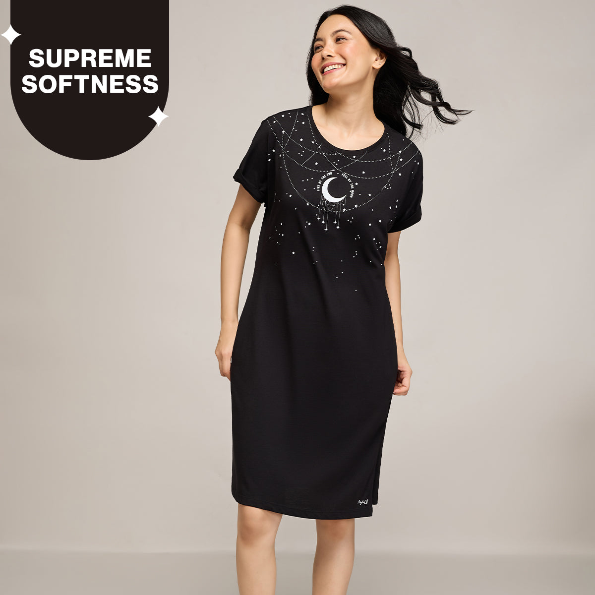 NYKD BY NYKAA BUTTERY SOFT MODAL COTTON DRESS WITH EXTENDED ROLL UP SLEEVES NYS929 BLACK