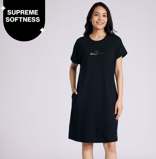 Nykd by Nykaa Buttery Soft Modal Cotton Dress With Extended Roll Up Sleeves Nys929 Black Lounge