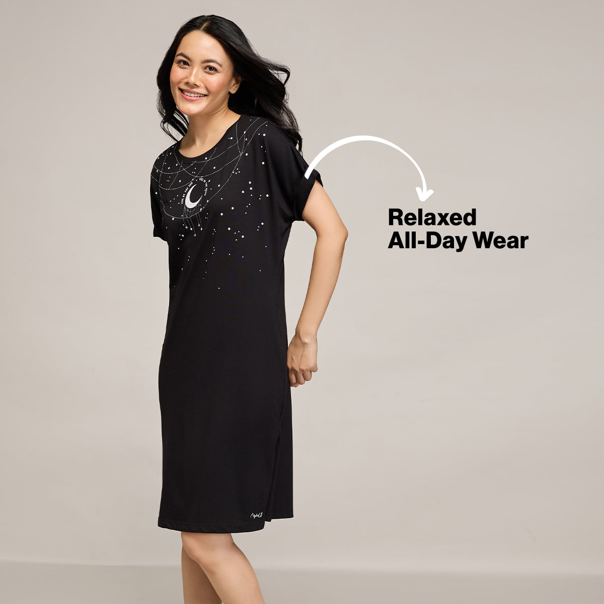 NYKD BY NYKAA BUTTERY SOFT MODAL COTTON DRESS WITH EXTENDED ROLL UP SLEEVES NYS929 BLACK