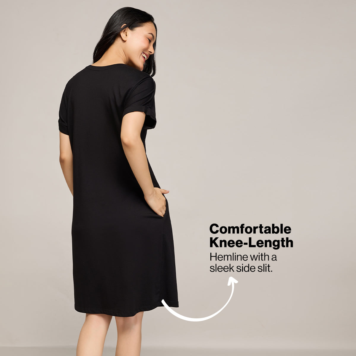 NYKD BY NYKAA BUTTERY SOFT MODAL COTTON DRESS WITH EXTENDED ROLL UP SLEEVES NYS929 BLACK