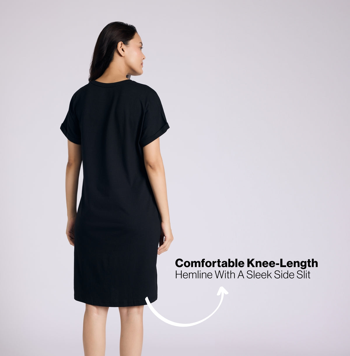 Nykd by Nykaa Buttery Soft Modal Cotton Dress With Extended Roll Up Sleeves Nys929 Black Lounge