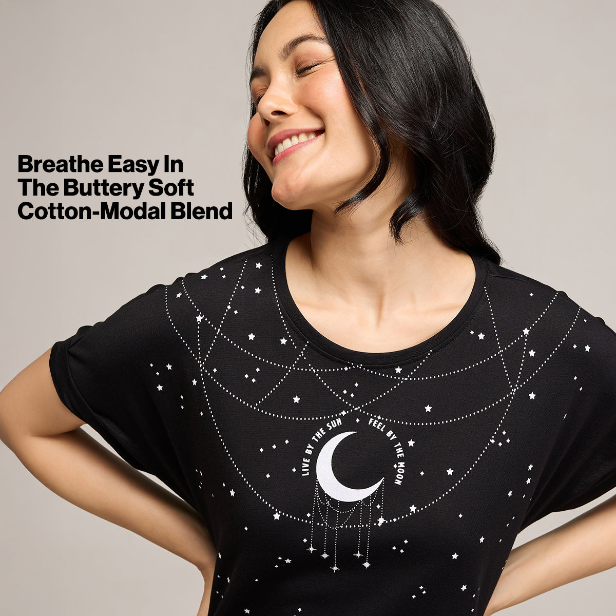 NYKD BY NYKAA BUTTERY SOFT MODAL COTTON DRESS WITH EXTENDED ROLL UP SLEEVES NYS929 BLACK