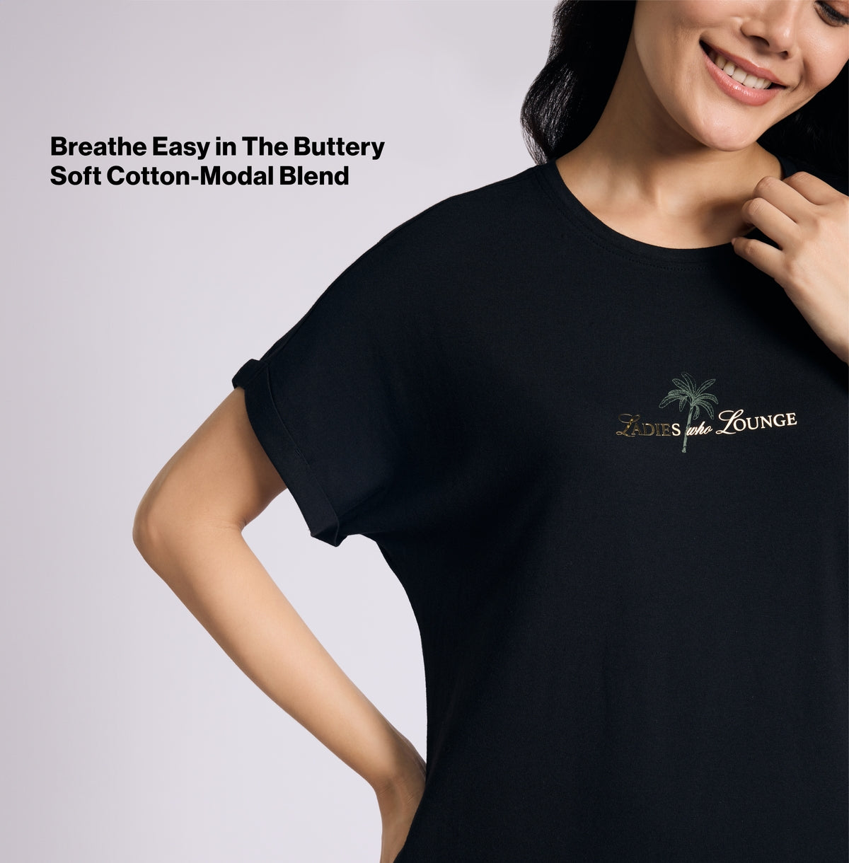Nykd by Nykaa Buttery Soft Modal Cotton Dress With Extended Roll Up Sleeves Nys929 Black Lounge