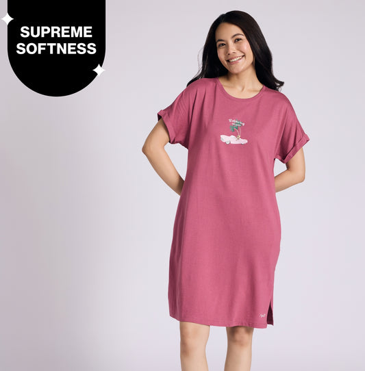"Nykd by Nykaa Buttery Soft Modal Cotton Dress With Extended Roll Up Sleeves Nys929 Lt Grape Relax"