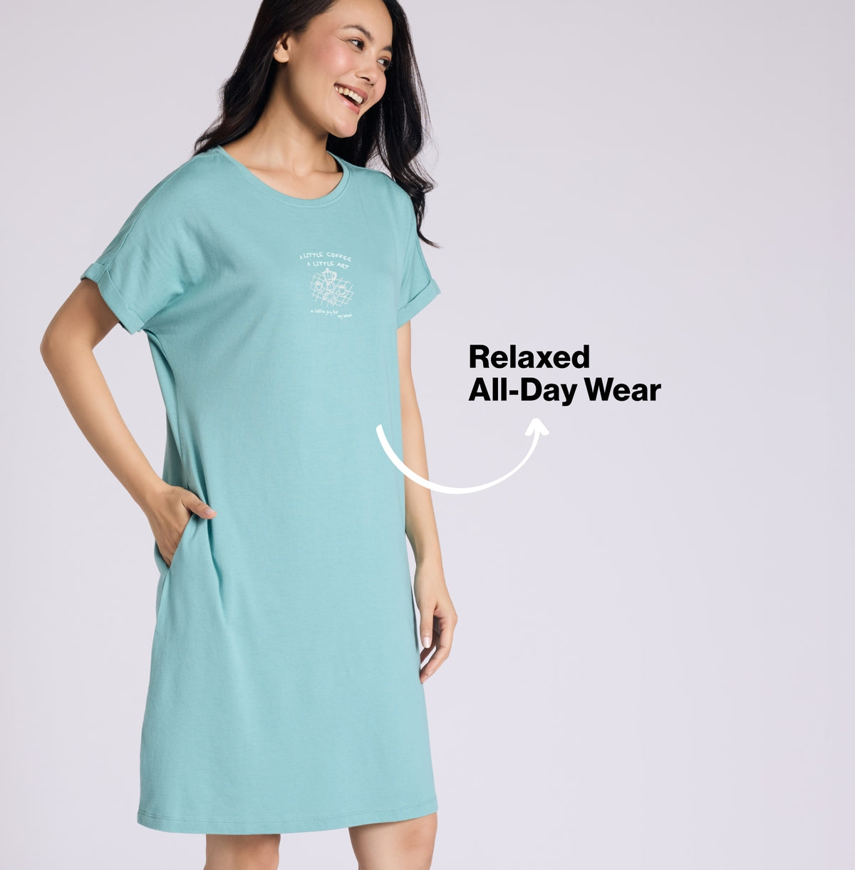 "Nykd by Nykaa Buttery Soft Modal Cotton Dress With Extended Roll Up Sleeves Nys929 Green Coffee"
