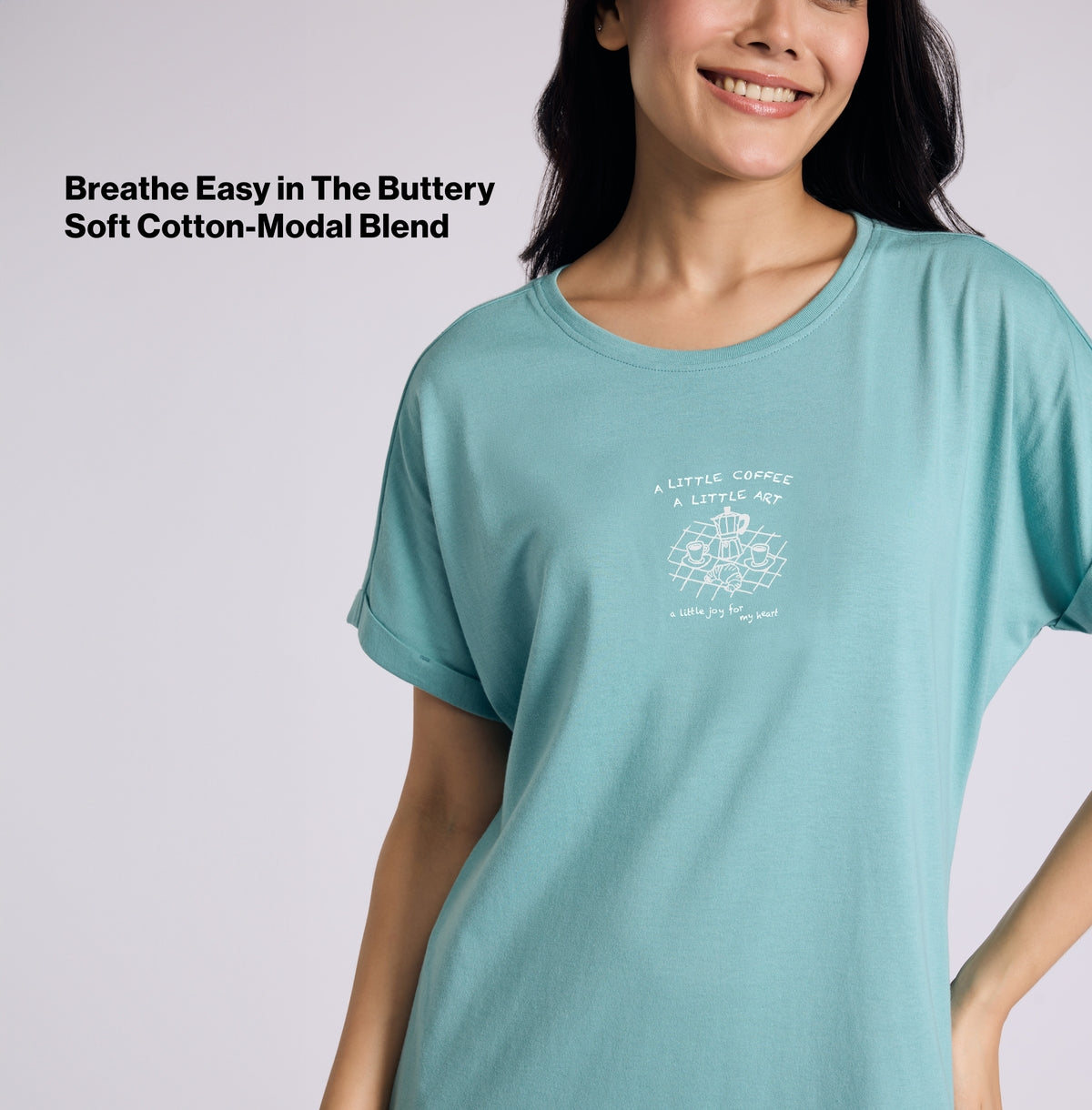 "Nykd by Nykaa Buttery Soft Modal Cotton Dress With Extended Roll Up Sleeves Nys929 Green Coffee"