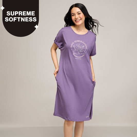 NYKD BY NYKAA BUTTERY SOFT MODAL COTTON DRESS WITH EXTENDED ROLL UP SLEEVES NYS929 PURPLE