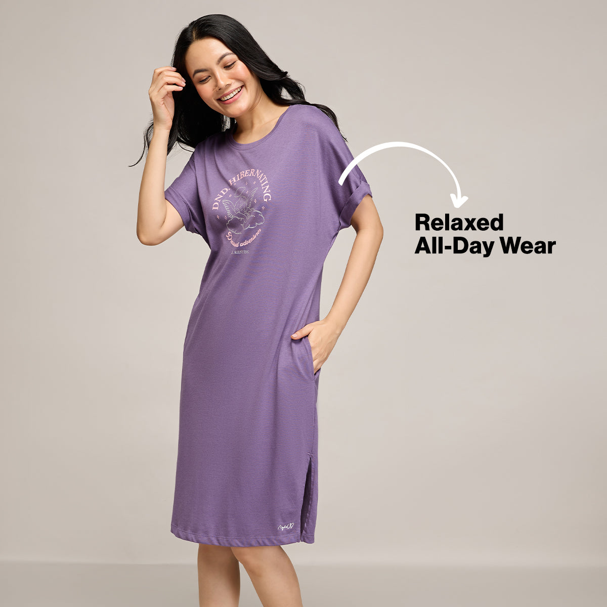 NYKD BY NYKAA BUTTERY SOFT MODAL COTTON DRESS WITH EXTENDED ROLL UP SLEEVES NYS929 PURPLE