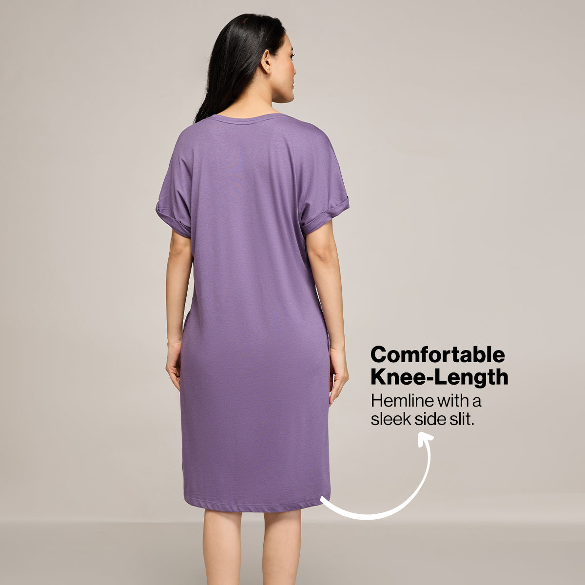 NYKD BY NYKAA BUTTERY SOFT MODAL COTTON DRESS WITH EXTENDED ROLL UP SLEEVES NYS929 PURPLE