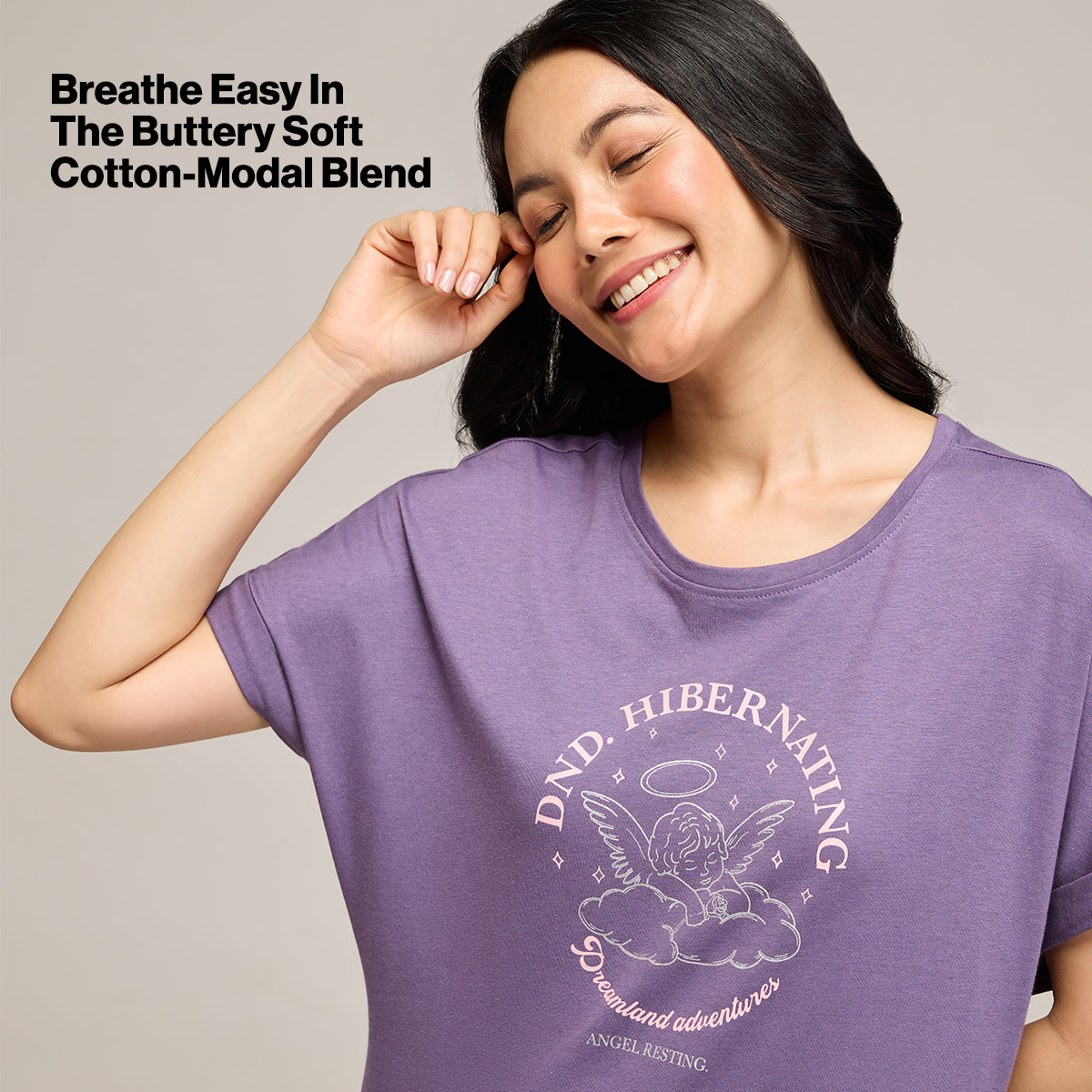 NYKD BY NYKAA BUTTERY SOFT MODAL COTTON DRESS WITH EXTENDED ROLL UP SLEEVES NYS929 PURPLE