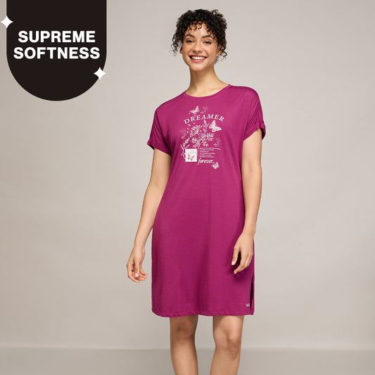 NYKD BY NYKAA BUTTERY SOFT MODAL COTTON DRESS WITH EXTENDED ROLL UP SLEEVES NYS929 WINE