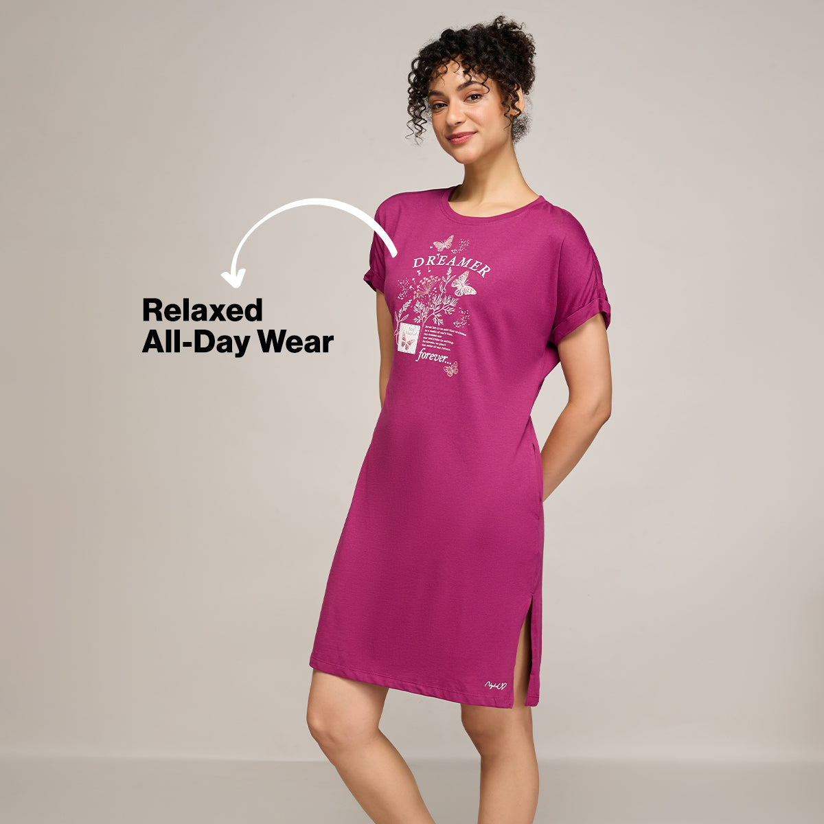 NYKD BY NYKAA BUTTERY SOFT MODAL COTTON DRESS WITH EXTENDED ROLL UP SLEEVES NYS929 WINE