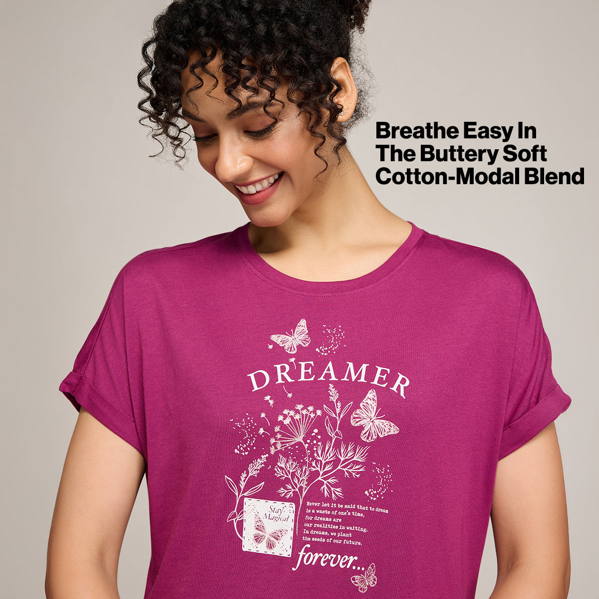 NYKD BY NYKAA BUTTERY SOFT MODAL COTTON DRESS WITH EXTENDED ROLL UP SLEEVES NYS929 WINE