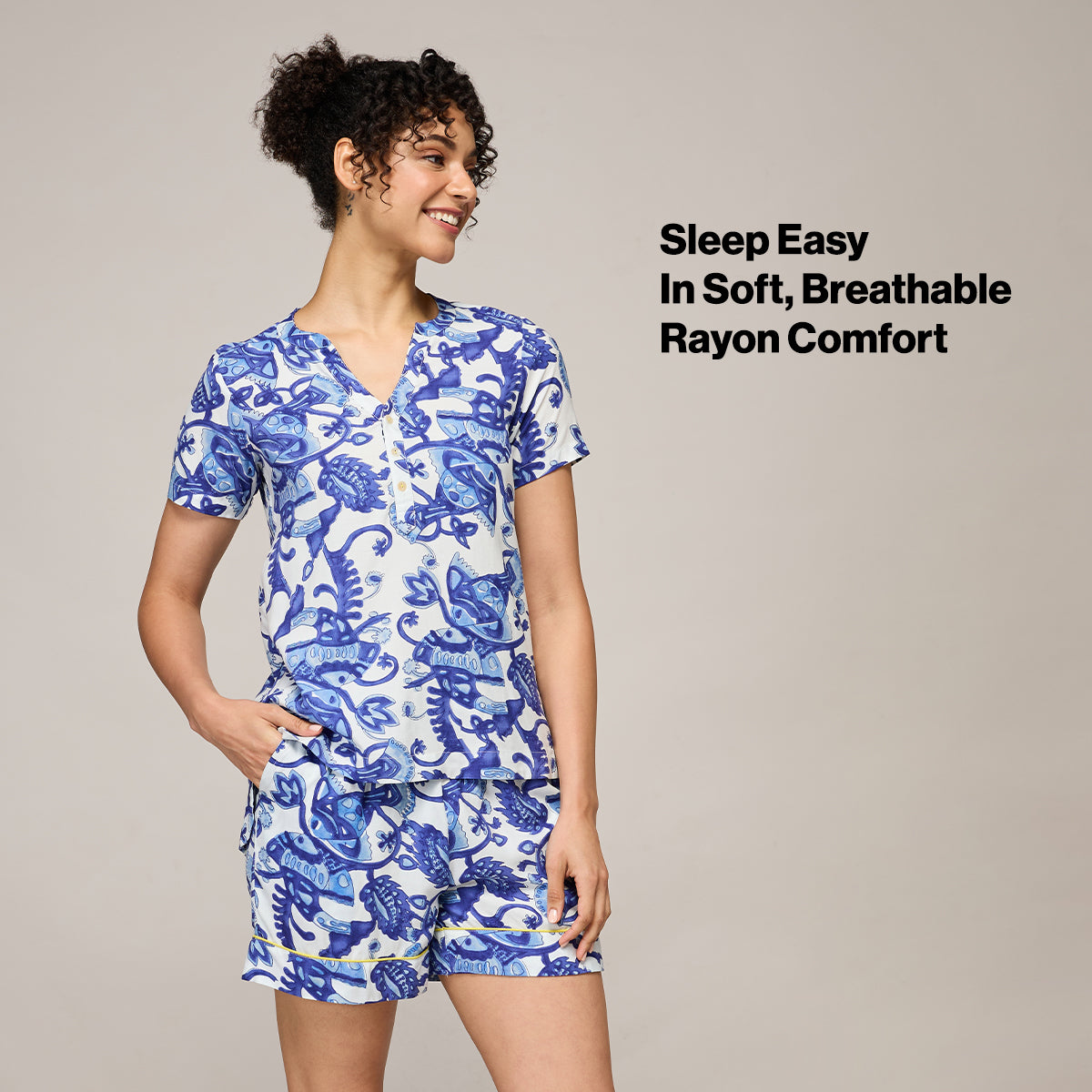 NYKD BY NYKAA BREEZY RAYON SHORTS COORD SET WITH FLATTERING HIGH LOW HEM TOP NYS930 BLUE