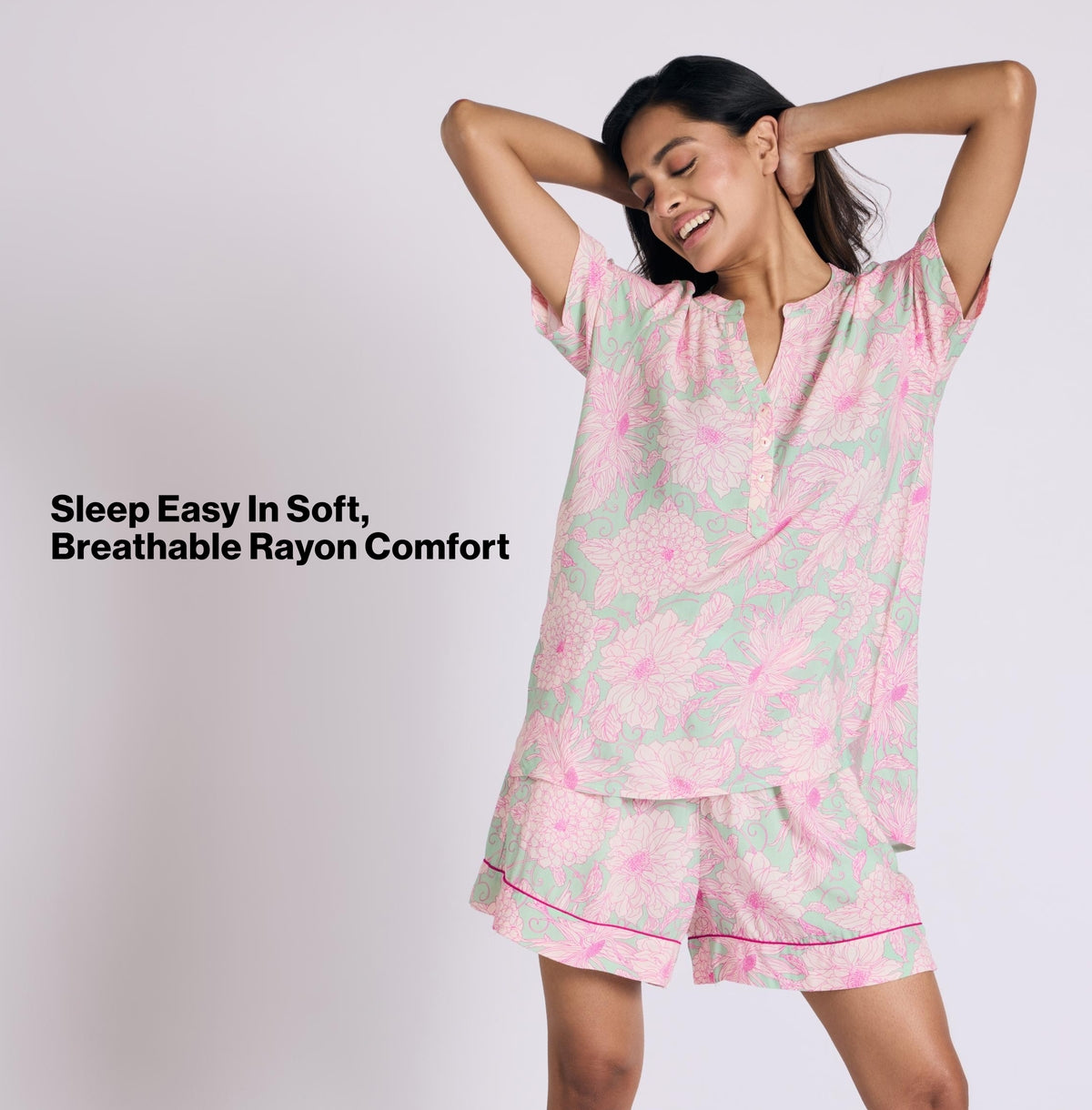 Nykd by Nykaa Breezy Rayon Shorts Coord Set With Flattering High Low Hem Top Nys930 Green Floral