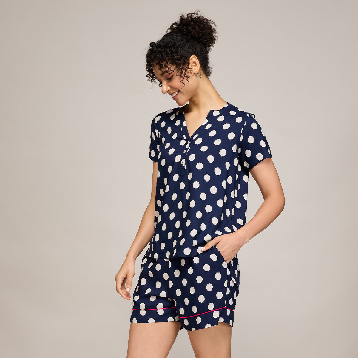 NYKD BY NYKAA BREEZY RAYON SHORTS COORD SET WITH FLATTERING HIGH LOW HEM TOP NYS930 NAVY BLUE