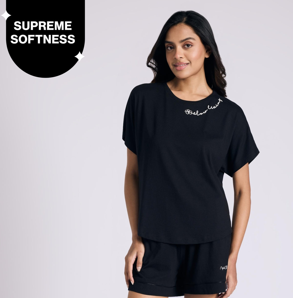 NYKD BY NYKAA BUTTERY SOFT MODAL COTTON GRAPHIC TEE WITH EXTENDED SLEEVES NYS931 BLACK