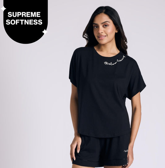 NYKD BY NYKAA BUTTERY SOFT MODAL COTTON GRAPHIC TEE WITH EXTENDED SLEEVES NYS931 BLACK