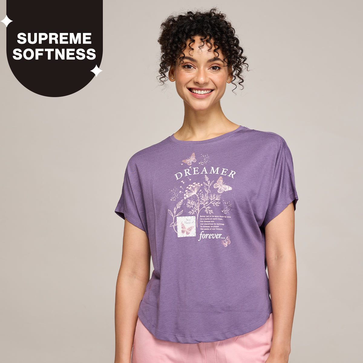 NYKD BY NYKAA BUTTERY SOFT MODAL COTTON GRAPHIC TEE WITH EXTENDED SLEEVES NYS931 PURPLE