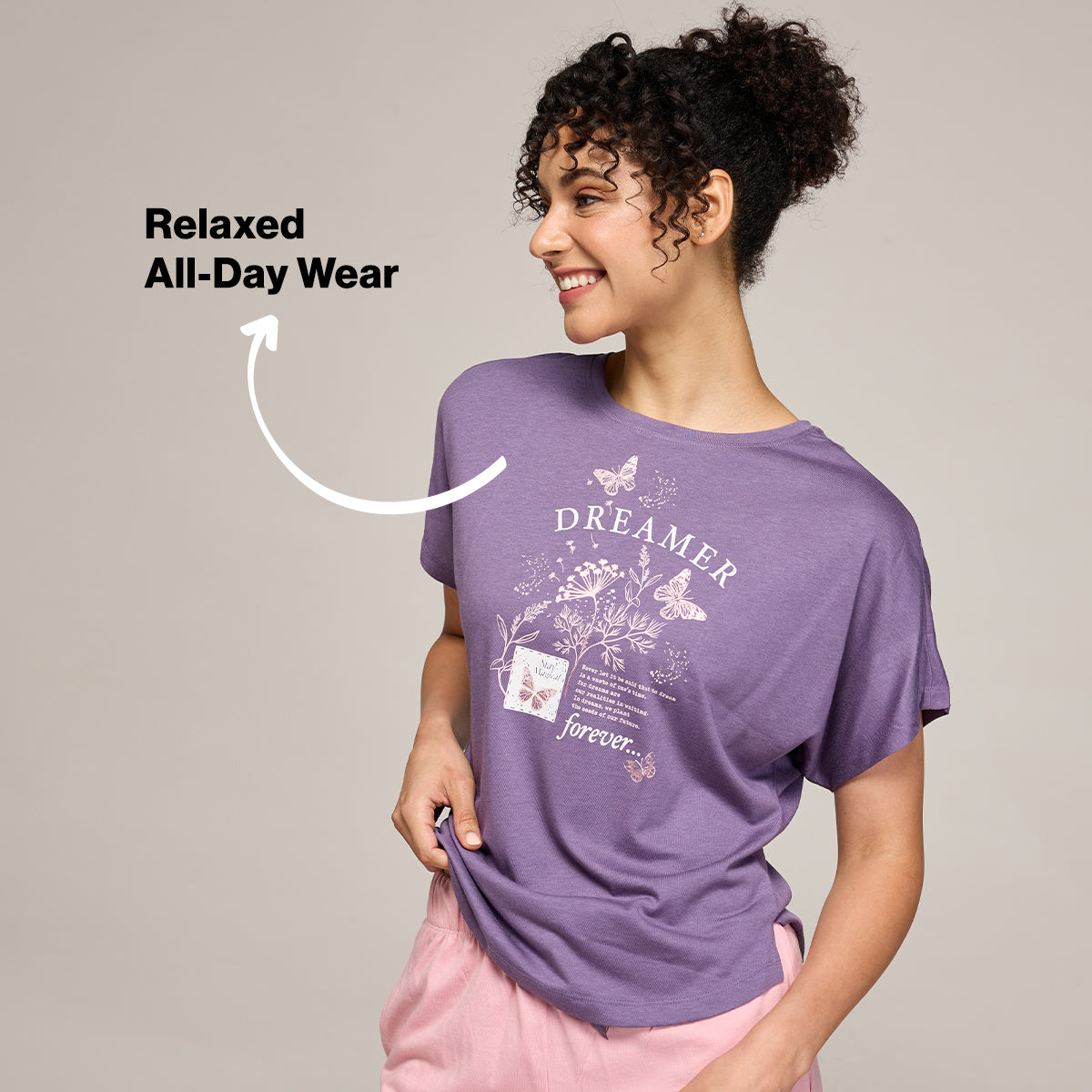 NYKD BY NYKAA BUTTERY SOFT MODAL COTTON GRAPHIC TEE WITH EXTENDED SLEEVES NYS931 PURPLE