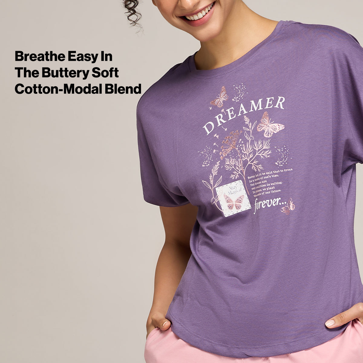 NYKD BY NYKAA BUTTERY SOFT MODAL COTTON GRAPHIC TEE WITH EXTENDED SLEEVES NYS931 PURPLE