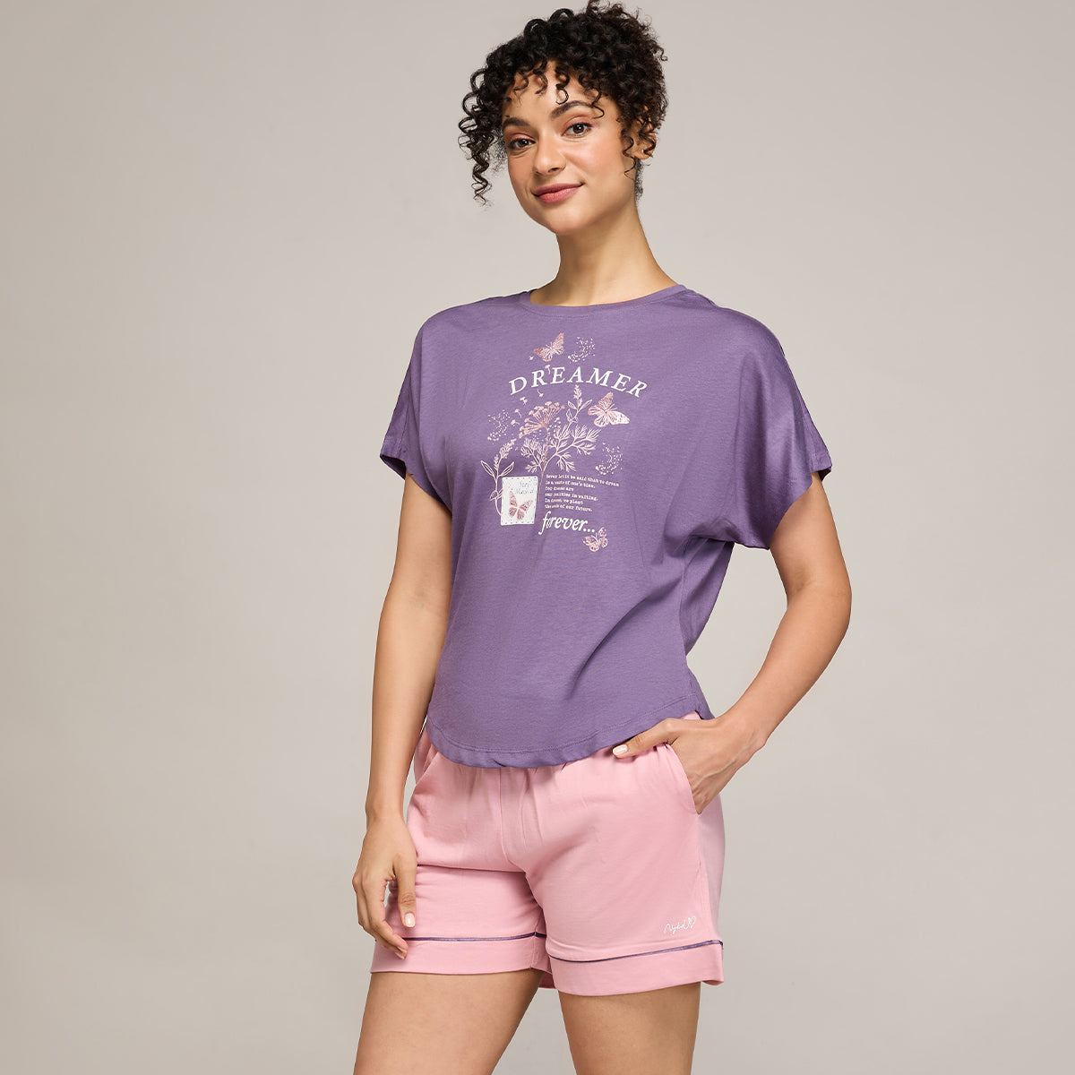 NYKD BY NYKAA BUTTERY SOFT MODAL COTTON GRAPHIC TEE WITH EXTENDED SLEEVES NYS931 PURPLE