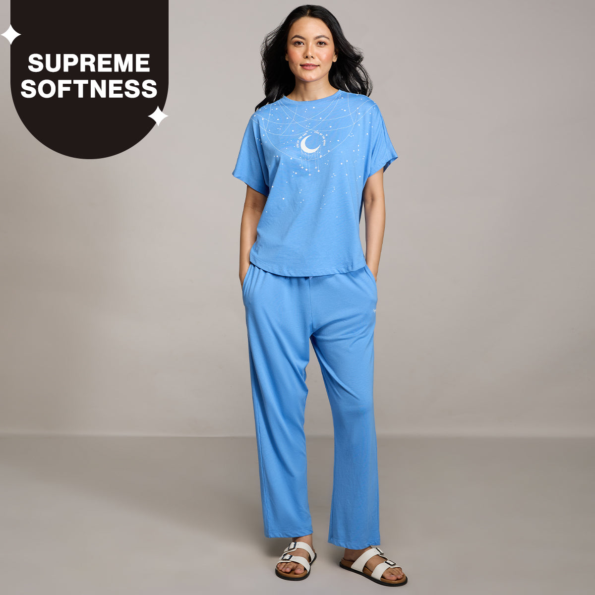 NYKD BY NYKAA BUTTERY SOFT MODAL COTTON PYJAMA COORD SET WITH ROUND NECK GRAPHIC TEE NYS932 BLUE
