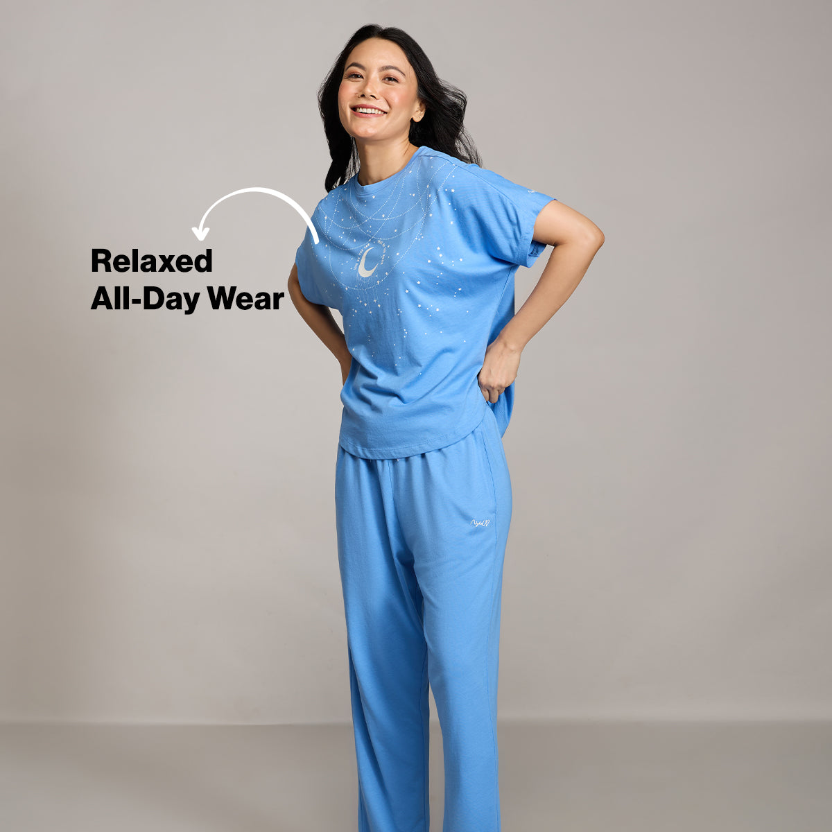 NYKD BY NYKAA BUTTERY SOFT MODAL COTTON PYJAMA COORD SET WITH ROUND NECK GRAPHIC TEE NYS932 BLUE