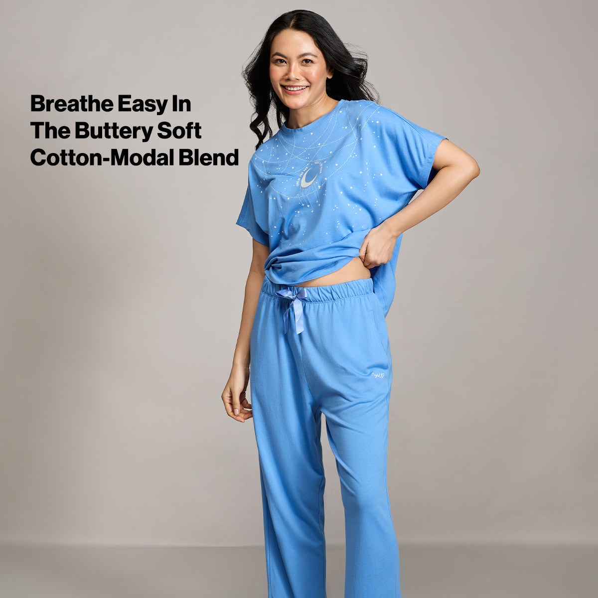 NYKD BY NYKAA BUTTERY SOFT MODAL COTTON PYJAMA COORD SET WITH ROUND NECK GRAPHIC TEE NYS932 BLUE