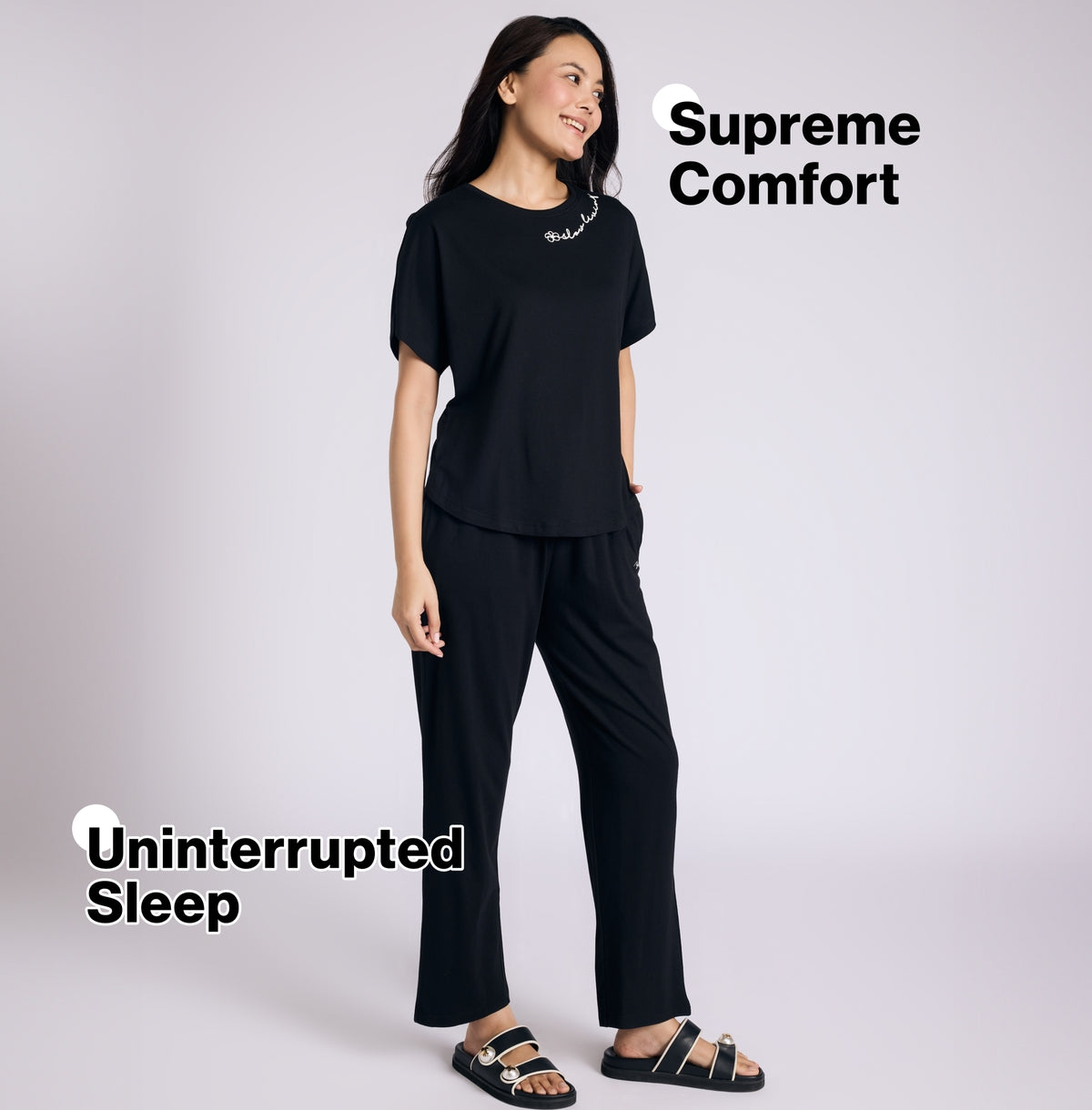 Nykd by Nykaa Buttery Soft Modal Cotton Pyjama Coord Set of 2 With Round Neck Graphic Tee Nys932 Black Slow