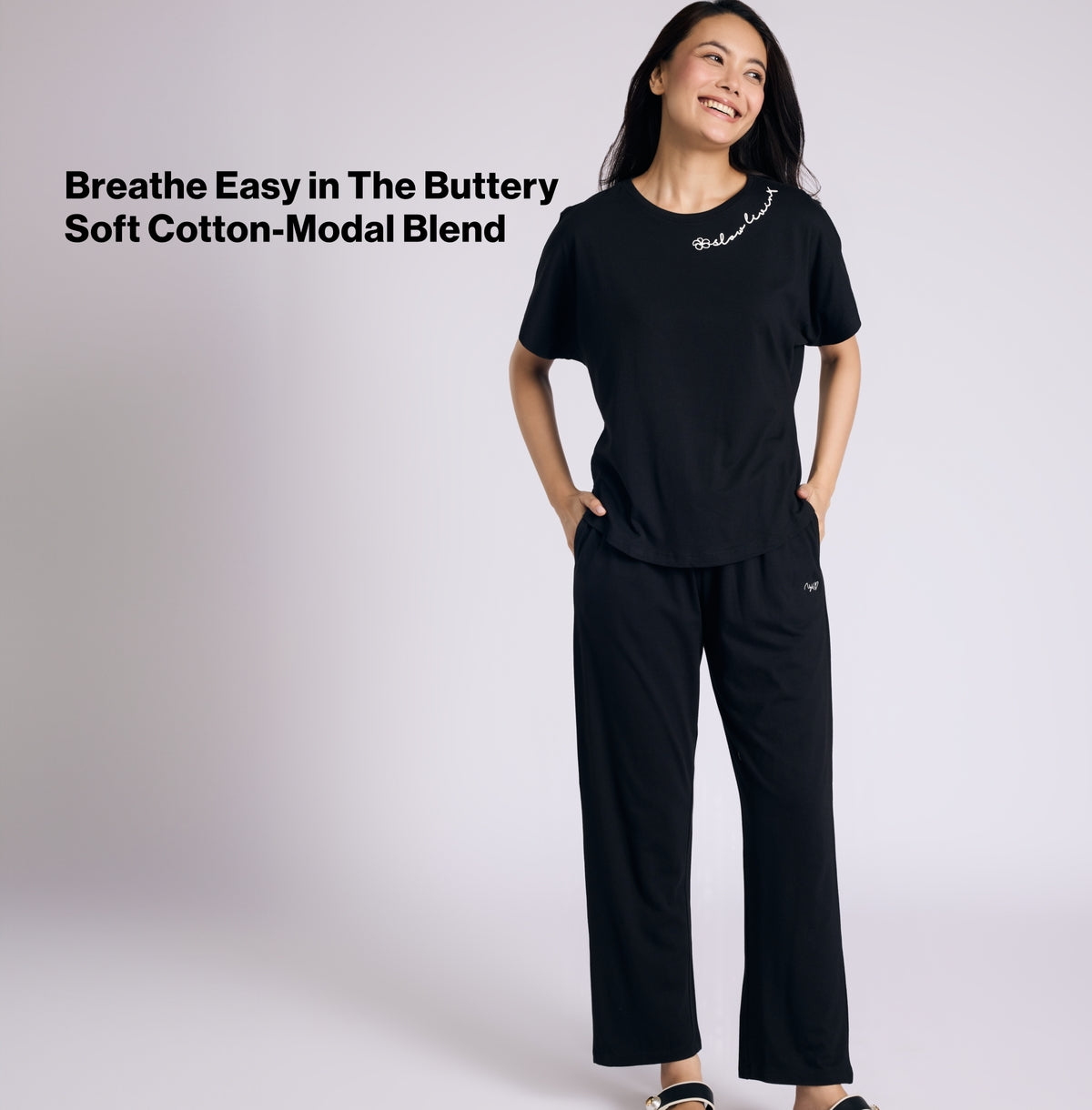 Nykd by Nykaa Buttery Soft Modal Cotton Pyjama Coord Set of 2 With Round Neck Graphic Tee Nys932 Black Slow