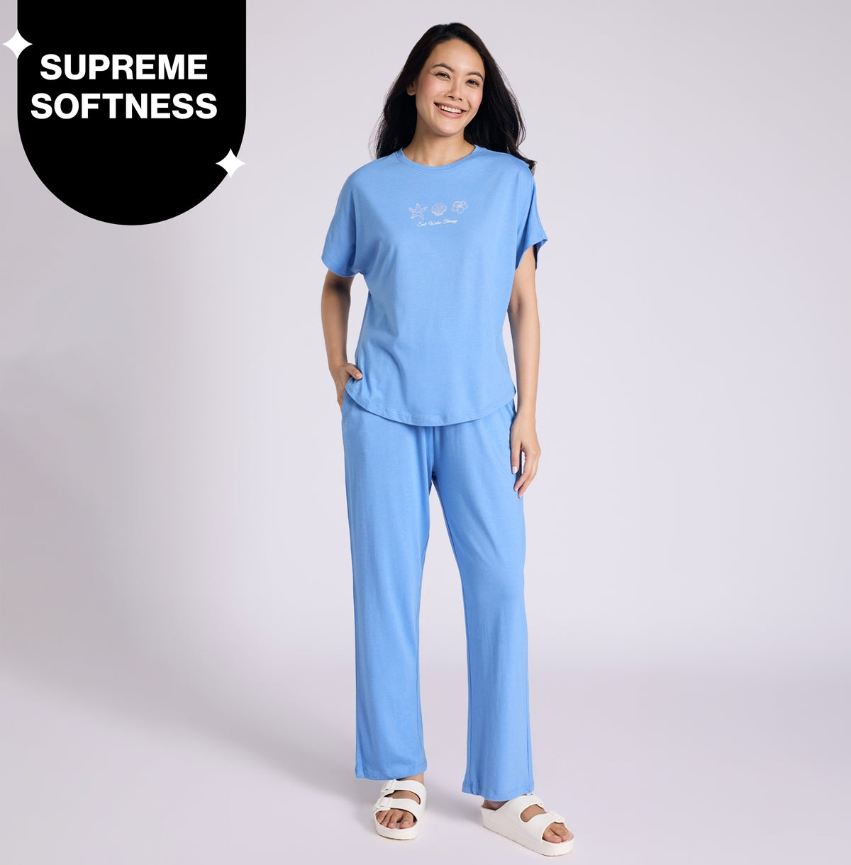 "Nykd by Nykaa Buttery Soft Modal Cotton Pyjama Coord Set of 2 With Round Neck Graphic Tee Nys932 Blue Nautical"
