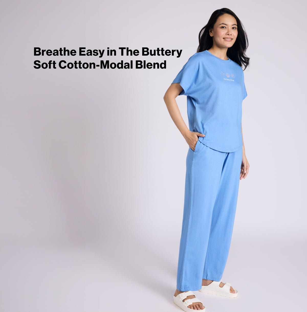 "Nykd by Nykaa Buttery Soft Modal Cotton Pyjama Coord Set of 2 With Round Neck Graphic Tee Nys932 Blue Nautical"