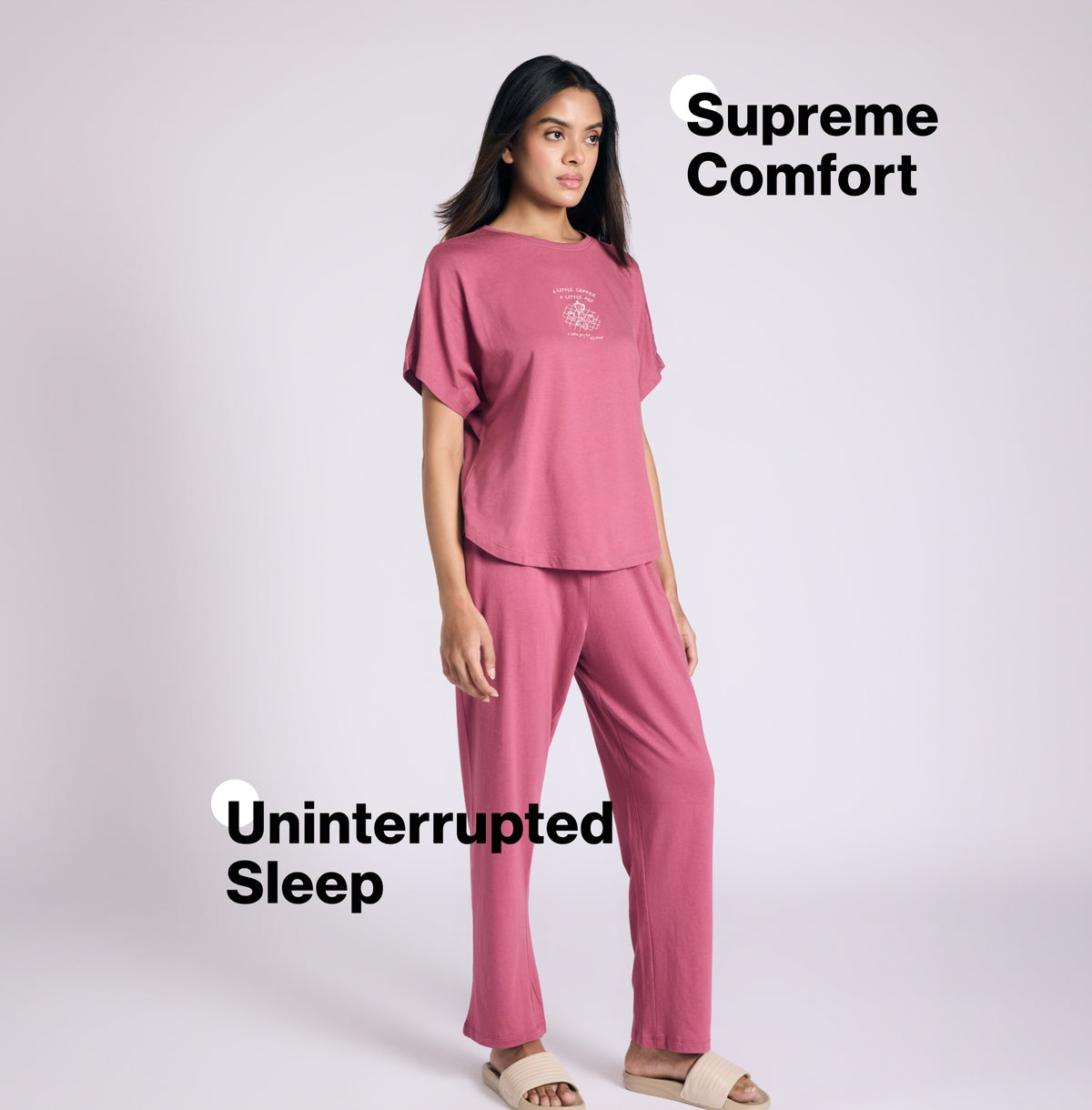 "Nykd by Nykaa Buttery Soft Modal Cotton Pyjama Coord Set of 2 With Round Neck Graphic Tee Nys932 Grape Coffee"
