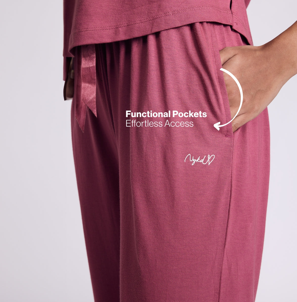 "Nykd by Nykaa Buttery Soft Modal Cotton Pyjama Coord Set of 2 With Round Neck Graphic Tee Nys932 Grape Coffee"