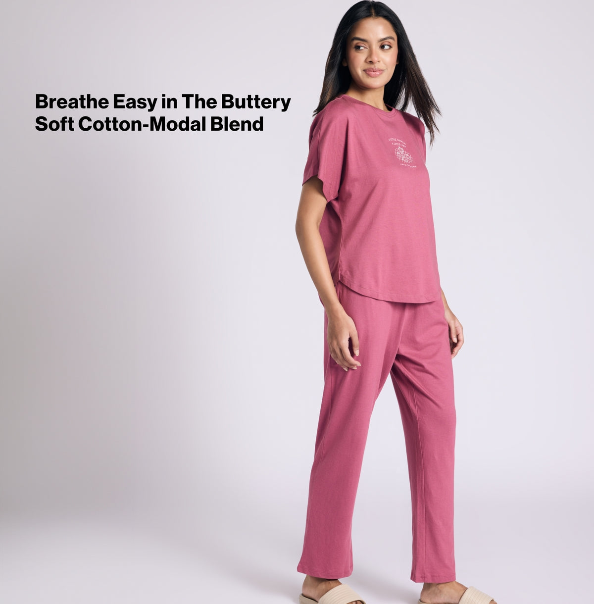 "Nykd by Nykaa Buttery Soft Modal Cotton Pyjama Coord Set of 2 With Round Neck Graphic Tee Nys932 Grape Coffee"