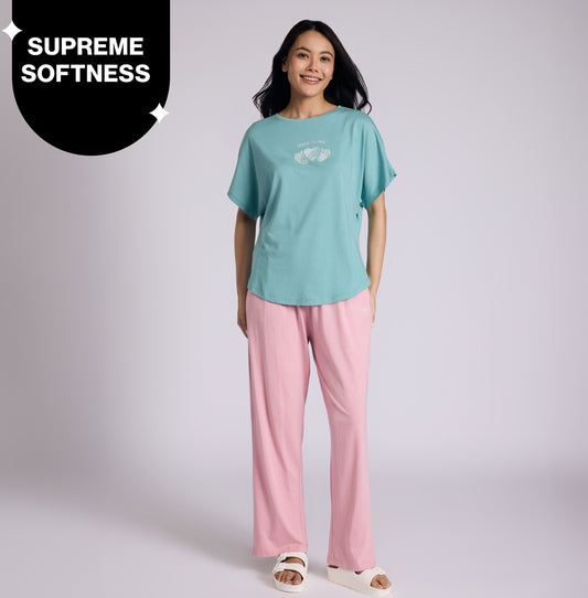 "Nykd by Nykaa Buttery Soft Modal Cotton Pyjama Coord Set of 2 With Round Neck Graphic Tee Nys932 Green Heart"