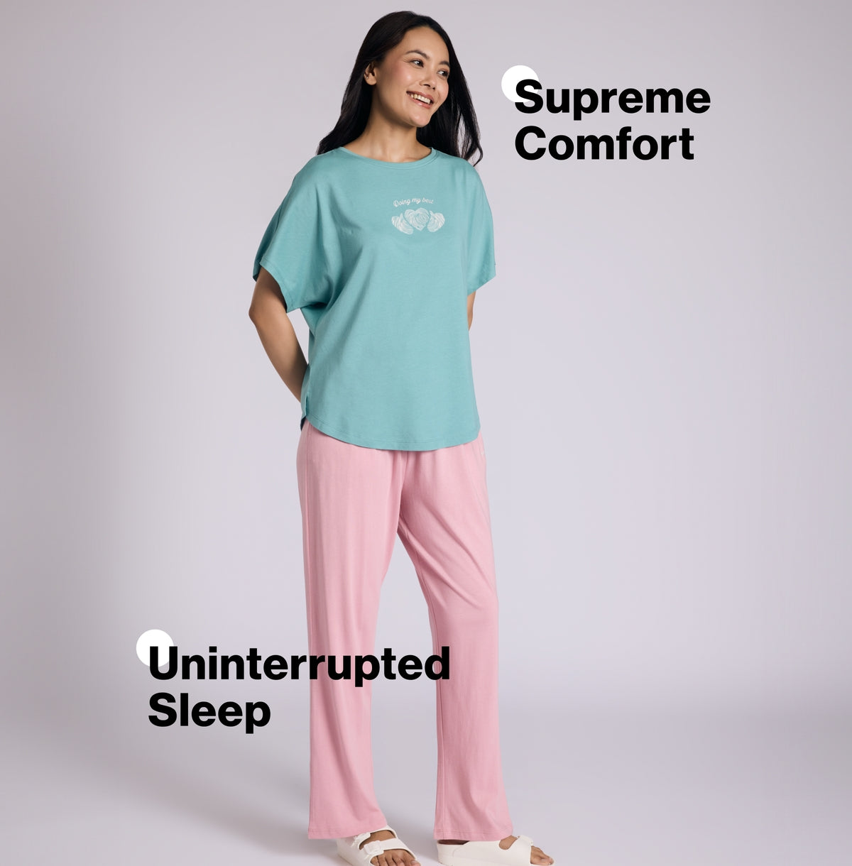 "Nykd by Nykaa Buttery Soft Modal Cotton Pyjama Coord Set of 2 With Round Neck Graphic Tee Nys932 Green Heart"