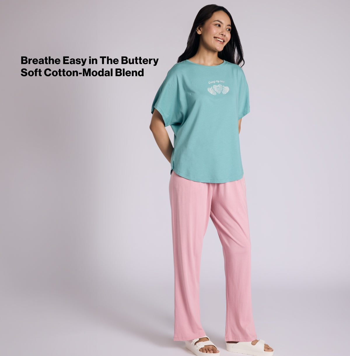 "Nykd by Nykaa Buttery Soft Modal Cotton Pyjama Coord Set of 2 With Round Neck Graphic Tee Nys932 Green Heart"