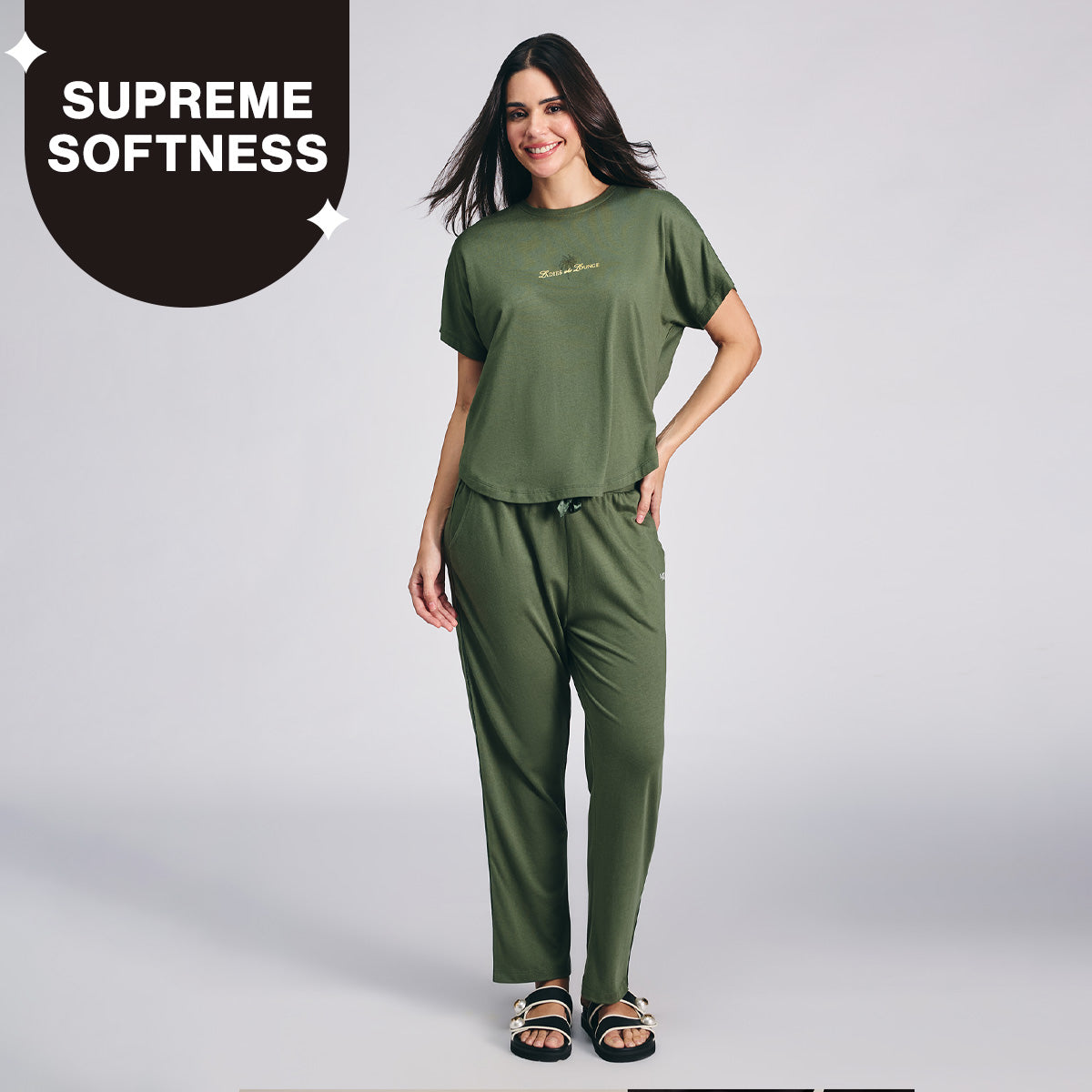 Nykd By Nykaa Buttery Soft Modal Cotton Pyjama Coord Set of 2 With Round Neck Graphic Tee Nys932 Olive